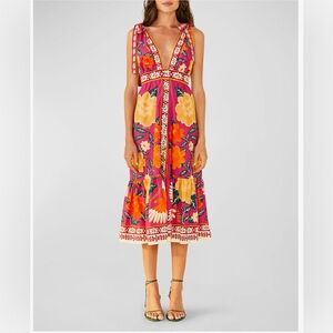 Farm Rio Flower Tapestry Tie-Shoulder Midi Dress